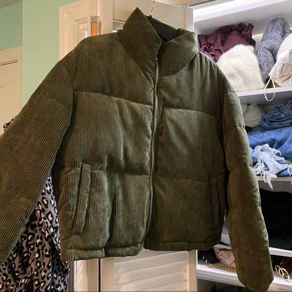 Green Olive Corduroy Puffer Jacket 